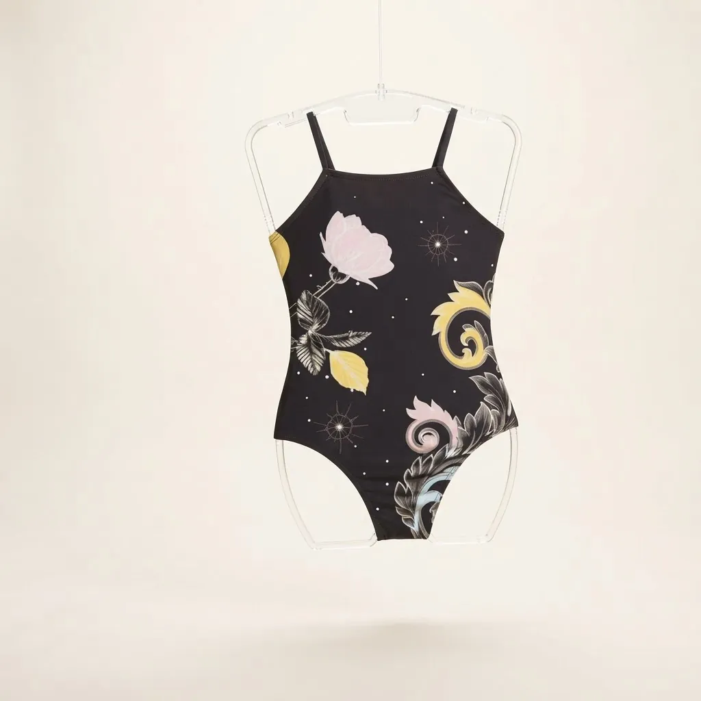 Maiô infantil preto com estampa floral