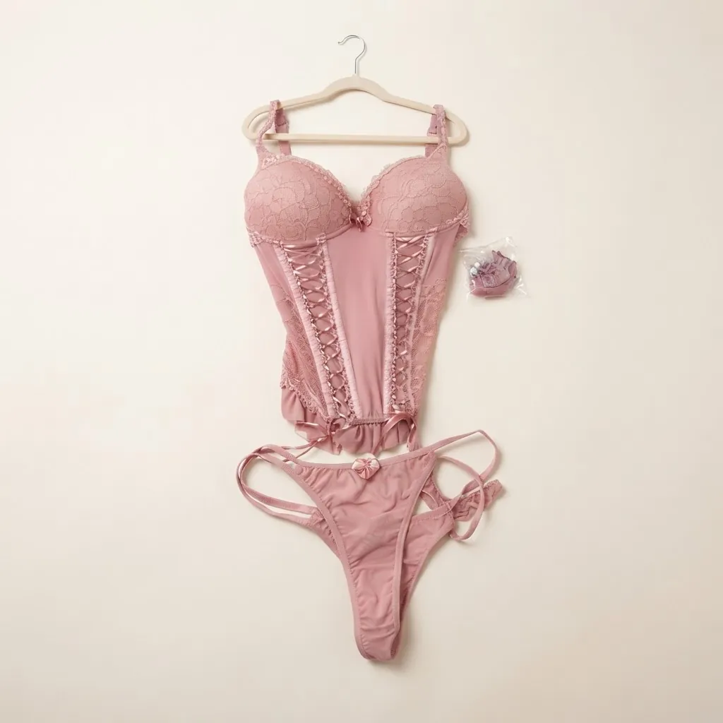 Corselet rosa com laços e calcinha fio dental em cabide