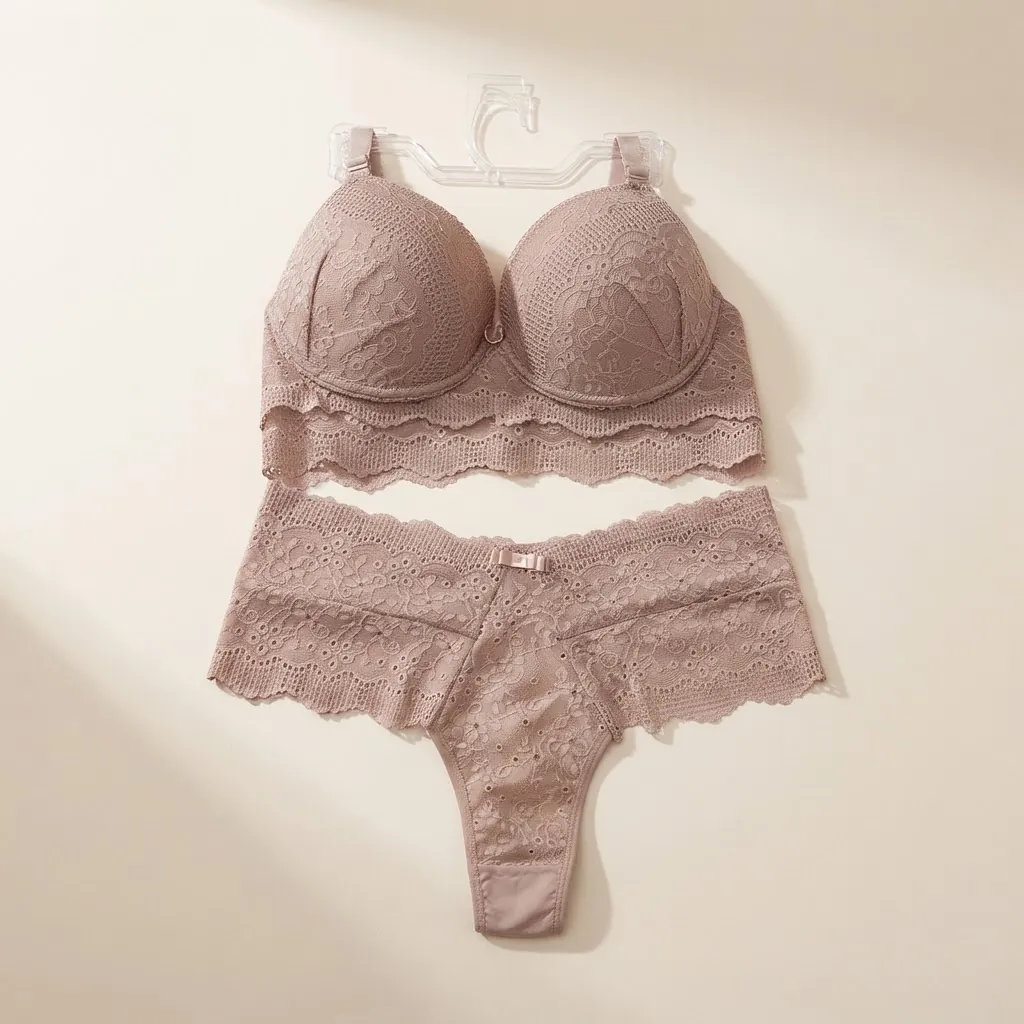 Conjunto de sutiã com bojo e calcinha fio em renda cor café com leite