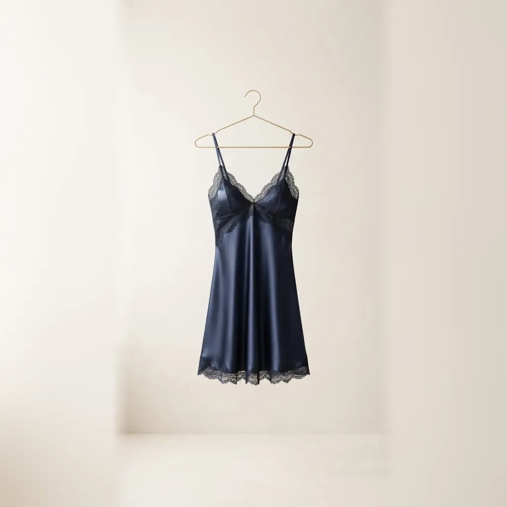 Camisola de alcinha azul-marinho com detalhes em renda
