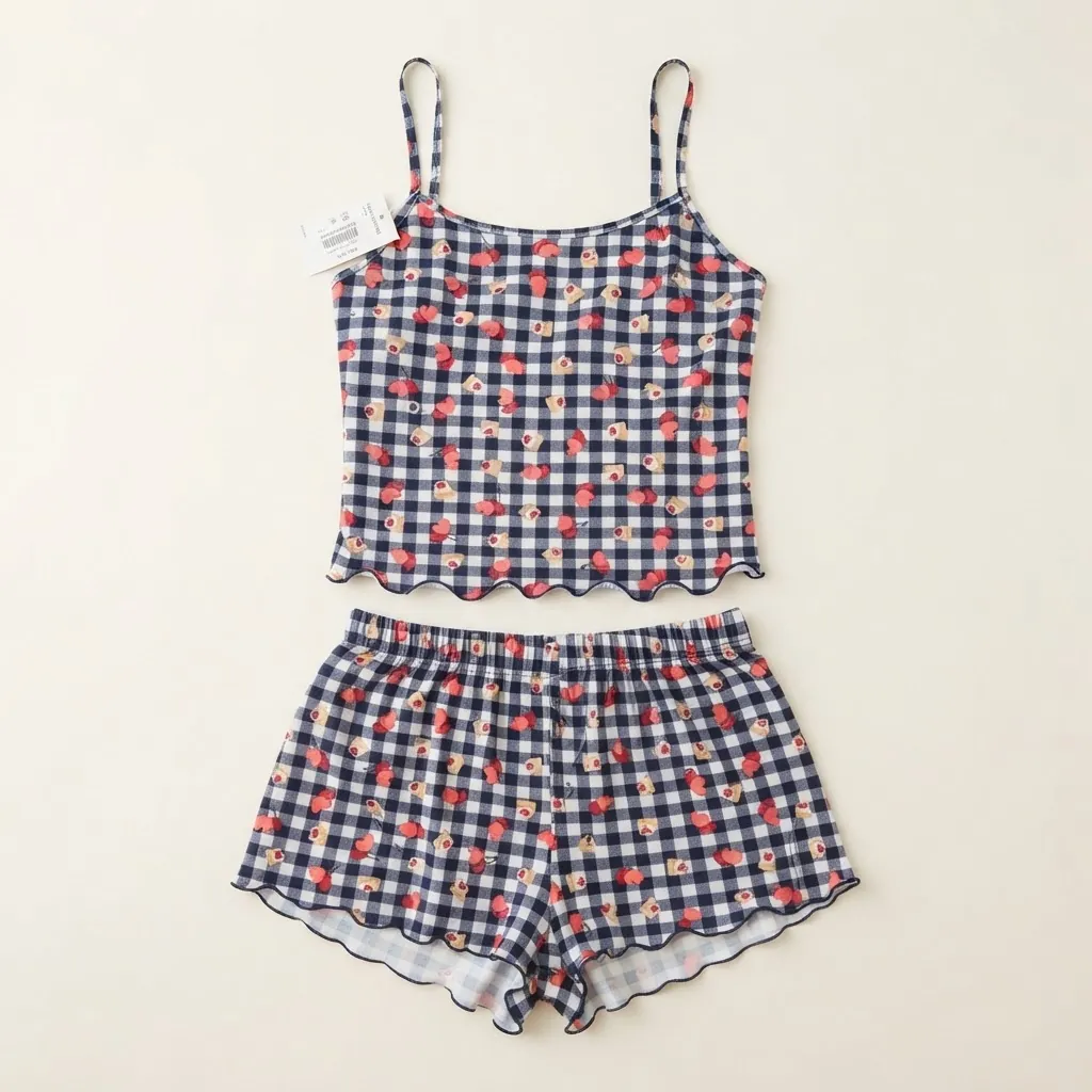 Short-doll xadrez de alcinha com short de barra ondulada