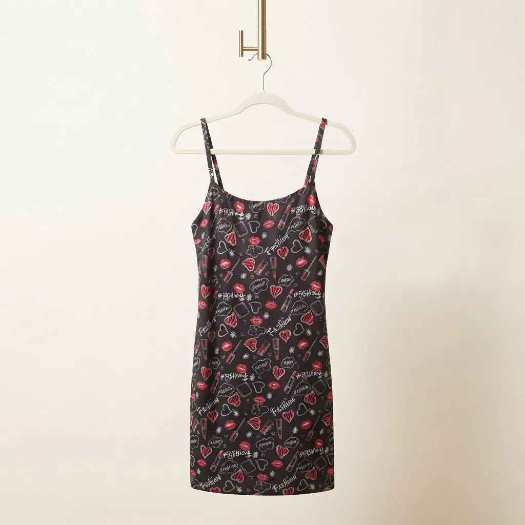 Camisola de alcinha preta com estampa de lábios e corações
