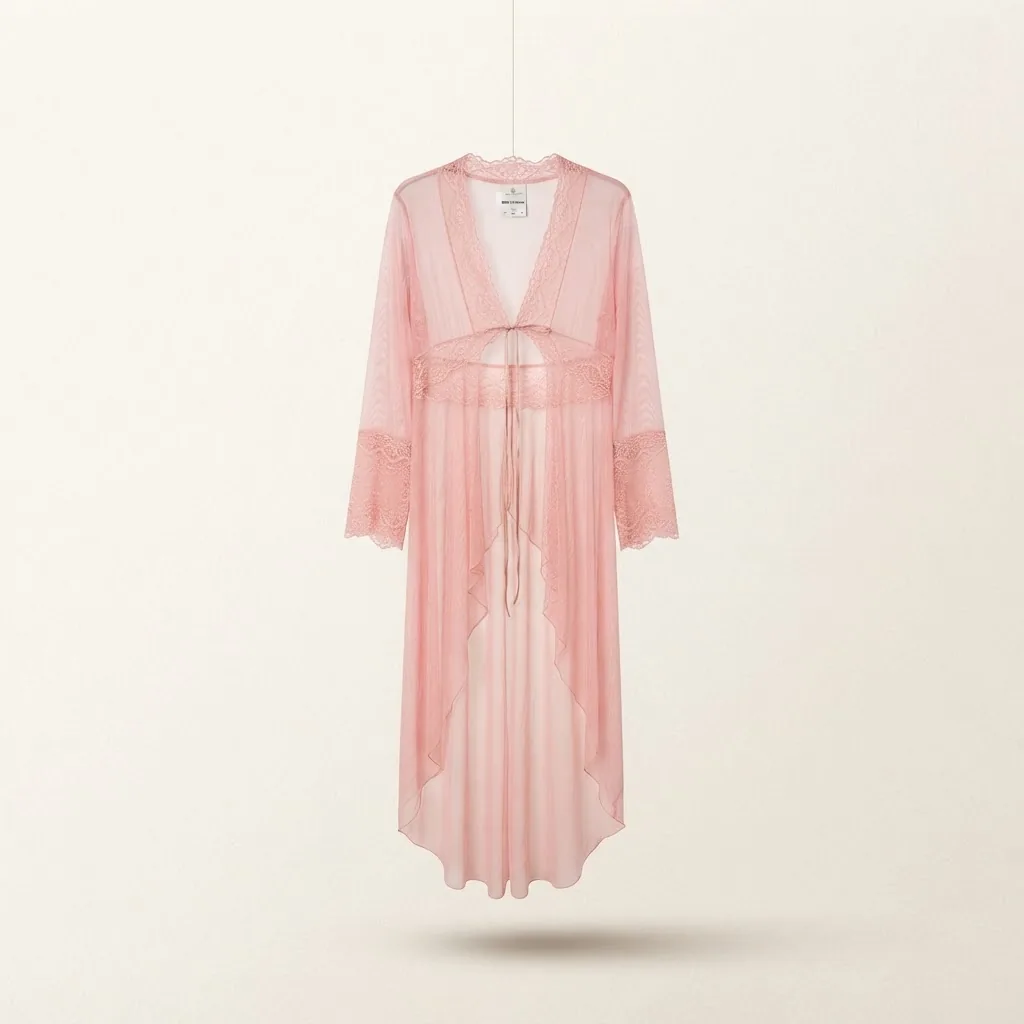 Robe rosa translúcido pendurado em cabide